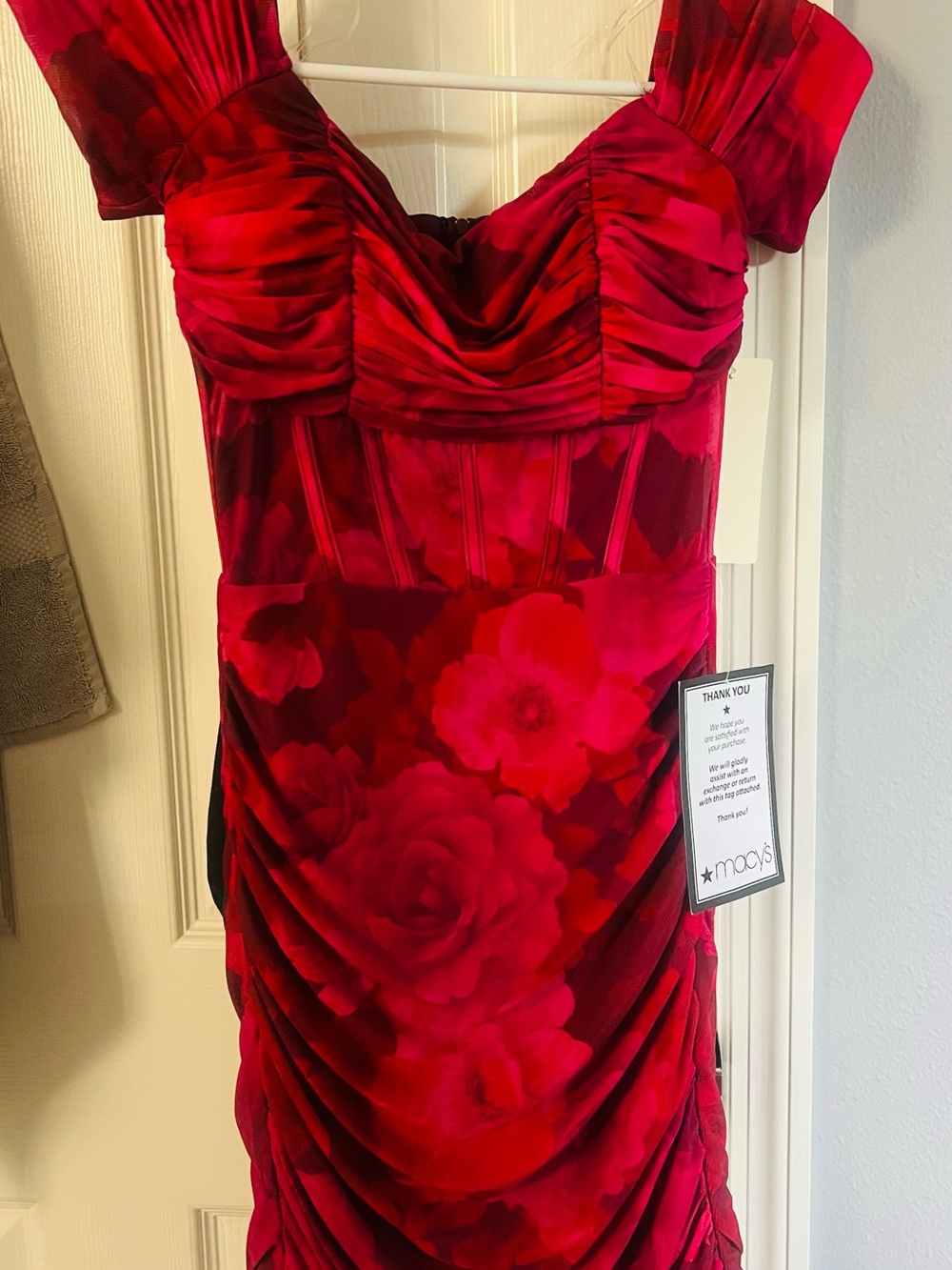 Macy's Red Floral Ruched Midi Dress